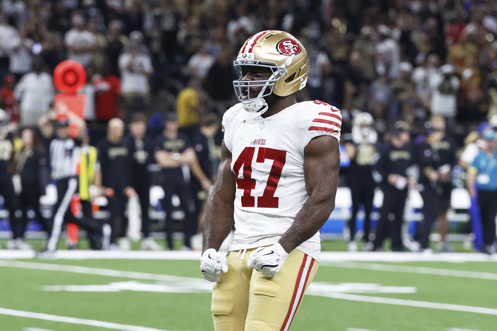 San Francisco 49ers defensive end Bryce Huff (47) celebrates after sacking New Orleans Saints quarterback Spencer Rattler to force a turnover on downs during the second half of an NFL football game in New Orleans, Sunday, Sept. 14, 2025. (AP Photo/Butch Dill)