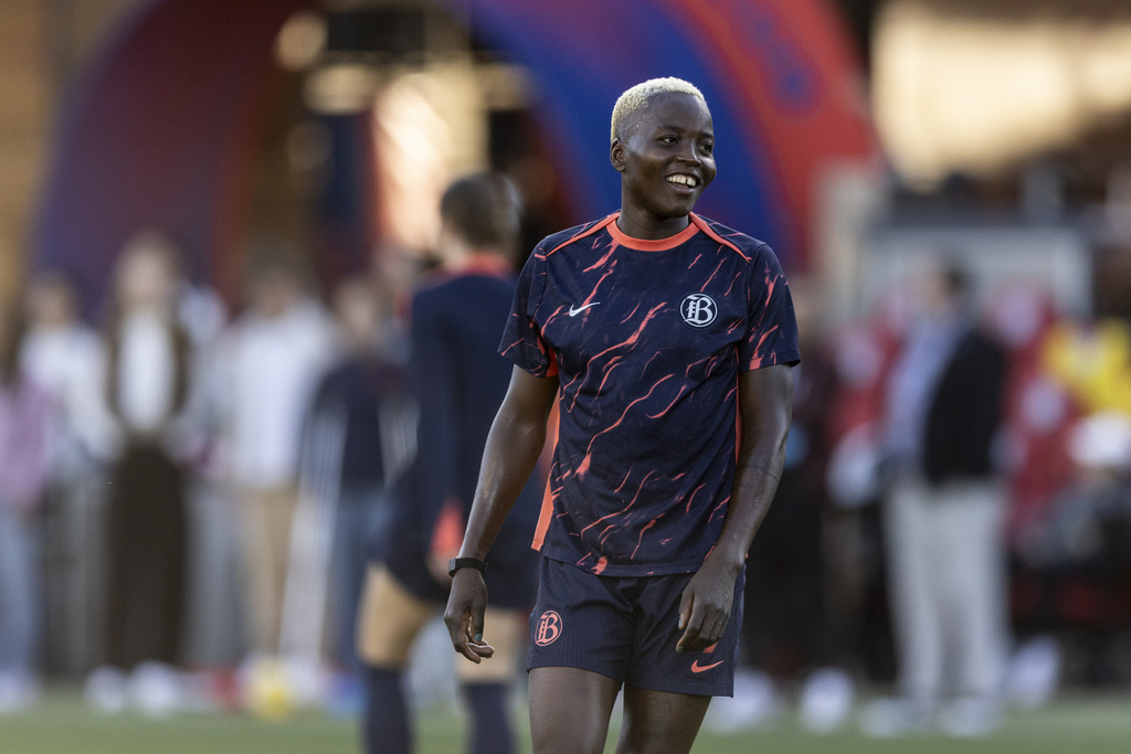 Bay FC forward Racheal Kundananji looks on during warmups before a NWSL soccer match against San Diego Wave FC in San Jose, Calif., Saturday, Aug. 16, 2025. (Stephen Lam/San Francisco Chronicle via AP)