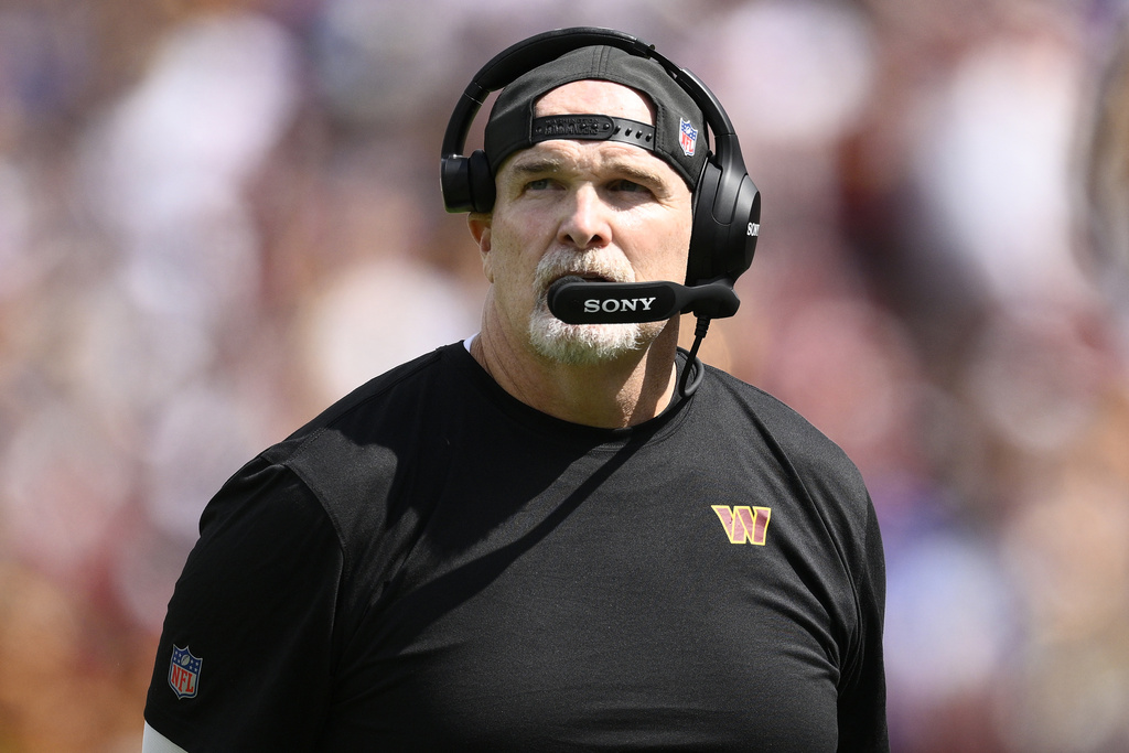 Washington Commanders head coach Dan Quinn on the sidelines during the first half of an NFL football game against the New York Giants, Sunday, Sept. 7, 2025, in Landover, Md. (AP Photo/Nick Wass)