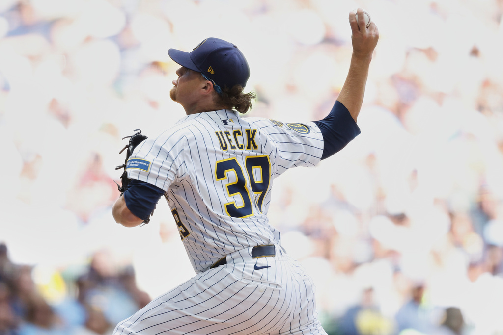 Milwaukee Brewers starting pitcher Chad Patrick throws to the San Francisco Giants during the first inning of a baseball game, Sunday, Aug. 24, 2025, in Milwaukee. (AP Photo/Jeffrey Phelps)