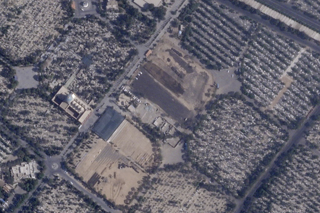 This satellite photo provided by Planet Labs PBC shows Iran paving over Lot 41, where some of those executed in the chaos after Iran's 1979 Islamic Revolution were buried, at Behesht-e Zahra cemetery outside of Tehran, Iran, Aug. 18, 2025. (Planet Labs PBC via AP)