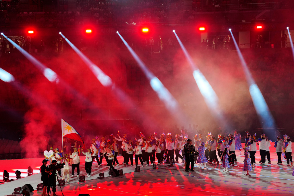 Philippines athletes march into the stadium during the opening ceremony for the Asian Games in Nagoya, Japan, Saturday, Sept. 19, 2026. (AP Photo/Eugene Hoshiko)