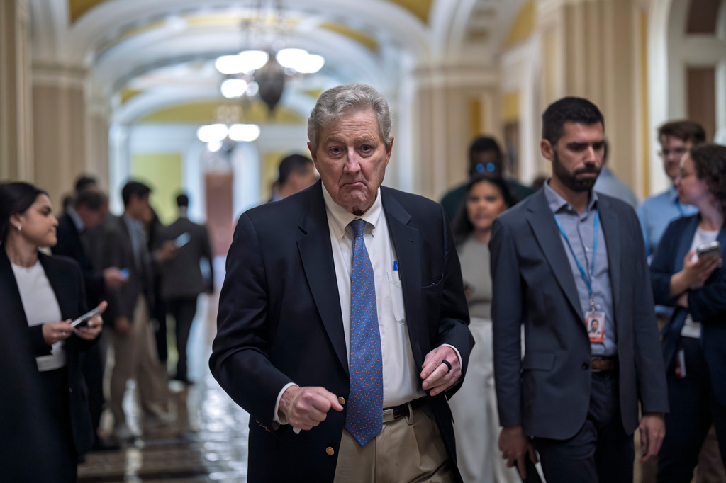 Sen. John Kennedy, R-La., heads to a closed-door meeting with Republican senators at the Capitol in Washington, Thursday, May 21, 2026. (AP Photo/J. Scott Applewhite)