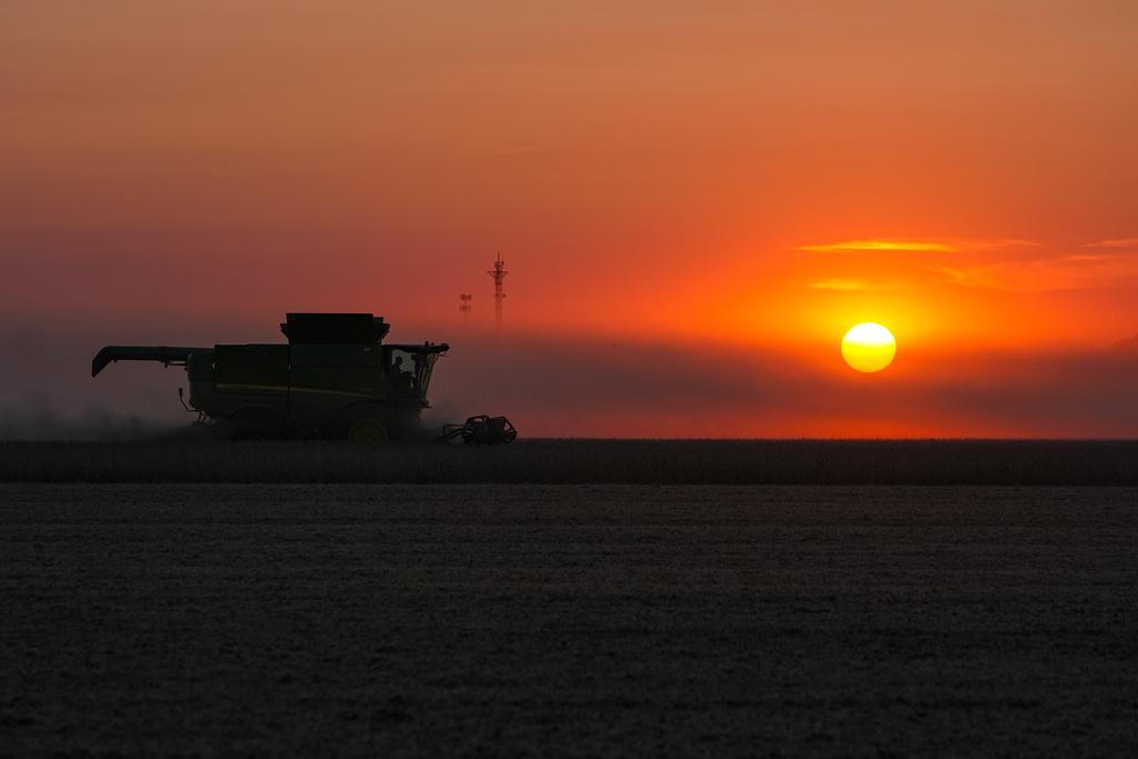 Soybeans are harvested on the Warpup Farm in Warren, Ind., Wednesday, Sept. 17, 2025. (AP Photo/Michael Conroy)
