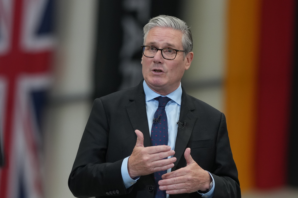 Britain's Prime Minister Keir Starmer speaks as he visits STARK, a leading defence tech company in Swindon, England, Friday, June 5, 2026. (AP Photo/Alastair Grant, Pool)