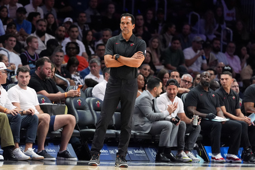 Miami Heat head coach Erik Spoelstra watches from courtside during the first half of a preseason NBA basketball game against the San Antonio Spurs, Wednesday, Oct. 8, 2025, in Miami. (AP Photo/Rebecca Blackwell) Miami Heat head coach Erik Spoelstra watches from courtside during the first half of a preseason NBA basketball game against the San Antonio Spurs, Wednesday, Oct. 8, 2025, in Miami. (AP Photo/Rebecca Blackwell)