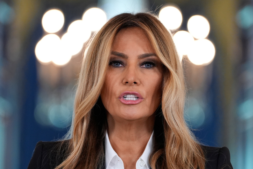 First lady Melania Trump speaks in the Grand Foyer of the White House, Friday, Oct. 10, 2025, in Washington. (AP Photo/Alex Brandon)