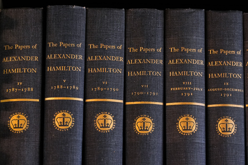 Bound copies of Alexander Hamilton's papers are displayed on a shelf at the Boston Athenaeum, a private library, Thursday, Oct. 9, 2025, in Boston. (AP Photo/Charles Krupa) Bound copies of Alexander Hamilton's papers are displayed on a shelf at the Boston Athenaeum, a private library, Thursday, Oct. 9, 2025, in Boston. (AP Photo/Charles Krupa)