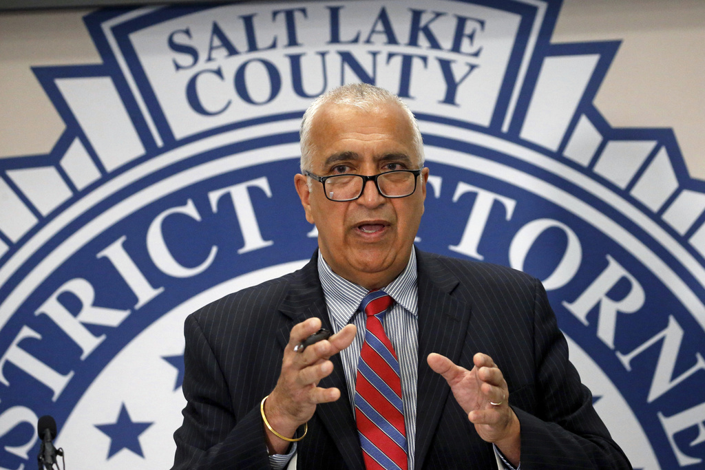 FILE - District Attorney Sim Gill speaks during a news conference, July 9, 2020, in Salt Lake City. (AP Photo/Rick Bowmer, File)