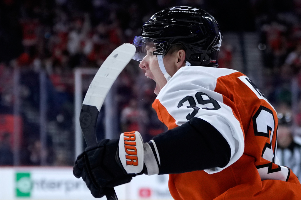 Philadelphia Flyers' Matvei Michkov celebrates after scoring a goal during the second period of an NHL hockey game against the Colorado Avalanche Monday, Oct. 19, 2026, in Philadelphia. (AP Photo/Matt Slocum)