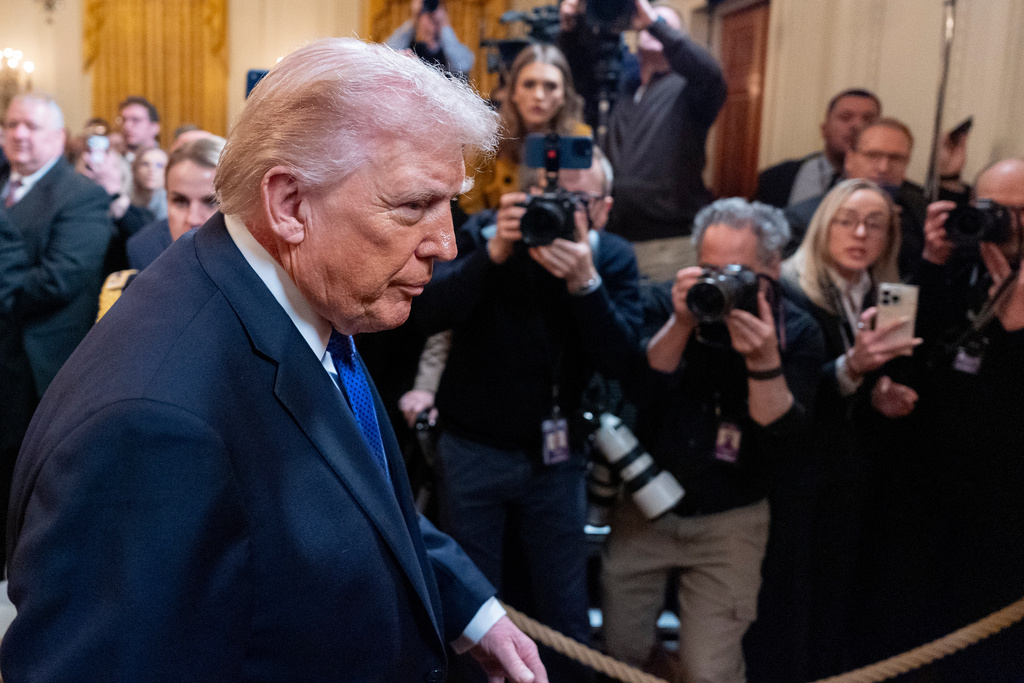 President Donald Trump departs after a Medal of Honor ceremony in the East Room of the White House, Monday, March 2, 2026, in Washington. (AP Photo/Alex Brandon)