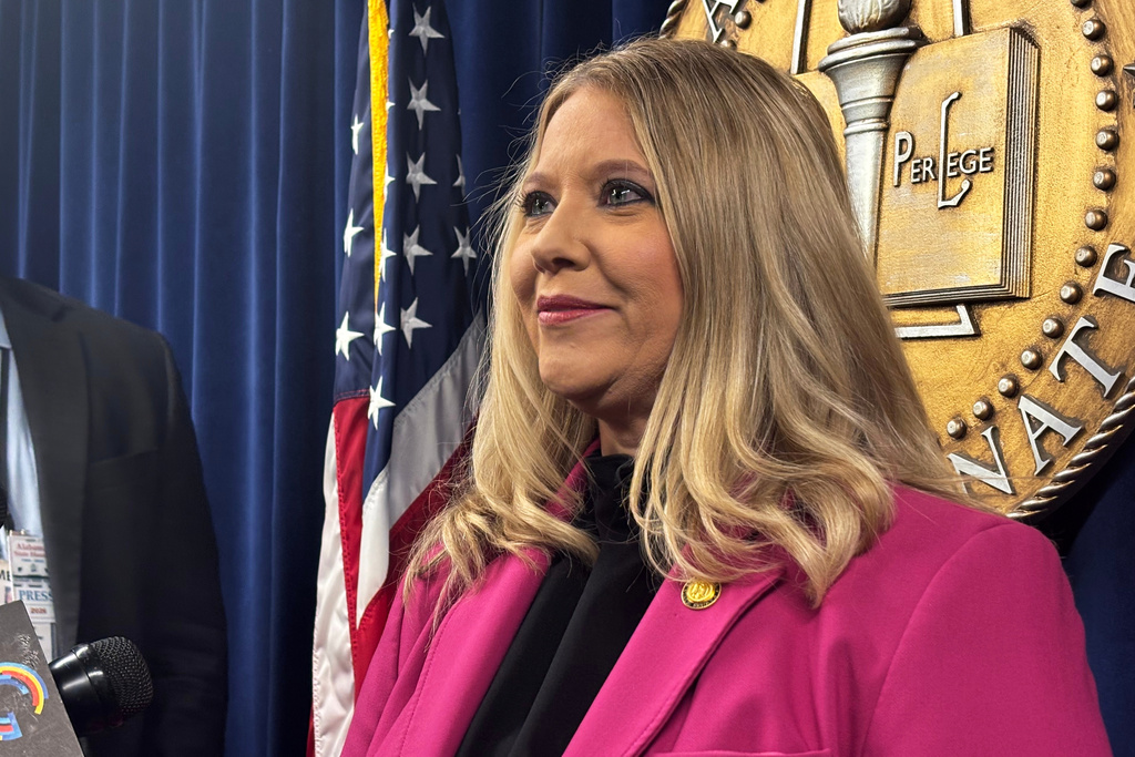Republican State Sen. April Weaver speaks to reporters at the Alabama Statehouse in Montgomery, Ala., on Thursday, Feb. 5, 2026 about legislation aimed at allowing the death penalty for child rape. (AP Photo/Kim Chandler )