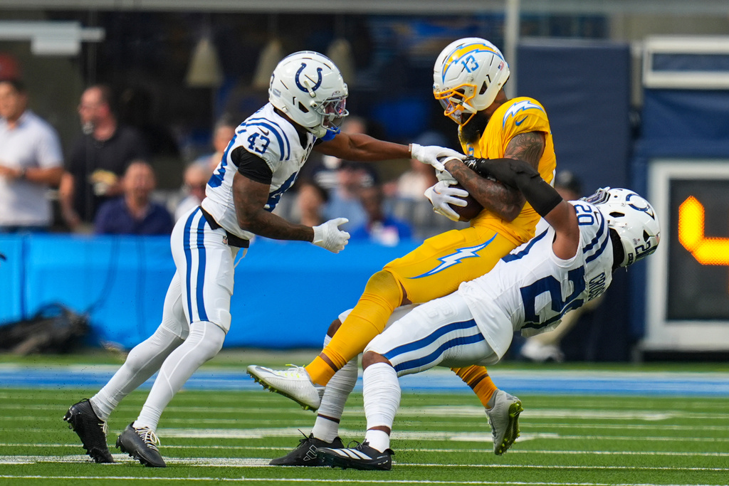 Los Angeles Chargers wide receiver Keenan Allen (13) is tacked by Indianapolis Colts safety Nick Cross (20) and cornerback Cameron Mitchell (43) during the first half of an NFL football game Sunday, Oct. 19, 2025, in Inglewood, Calif. (AP Photo/Gregory Bull)
