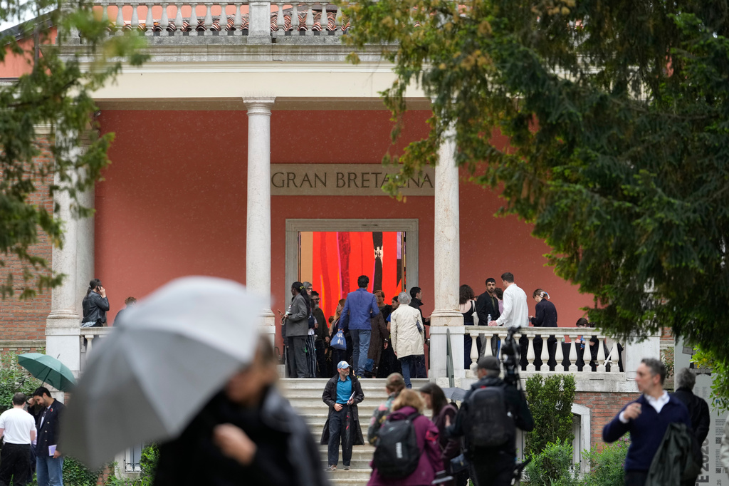A view of the entrance of Great Britain pavilion 'Predicting History: Testing Translation' at the Venice 2026 Biennale Art, in Venice, Italy, Tuesday, May 5, 2026. (AP Photo/Luca Bruno)
