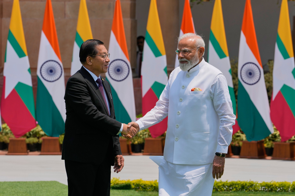 Indian Prime Minister Narendra Modi, right, shakes hands with Myanmar President Min Aung Hlaing before their meeting in New Delhi, India, Monday, June 1, 2026. (AP Photo/Manish Swarup)