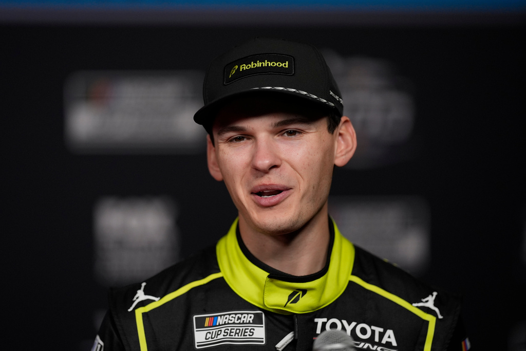 Corey Heim speaks during a NASCAR Daytona 500 media day, Wednesday, Feb. 11, 2026, in Daytona, Fla. (AP Photo/Mike Stewart)