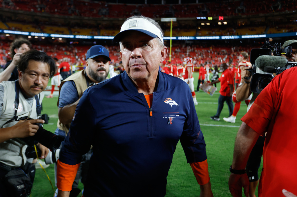 Denver Broncos head coach Sean Payton walks on the field following an NFL football game against the Kansas City Chiefs, Monday, Sept. 14, 2026, in Kansas City, Mo. (AP Photo/Colin E. Braley)