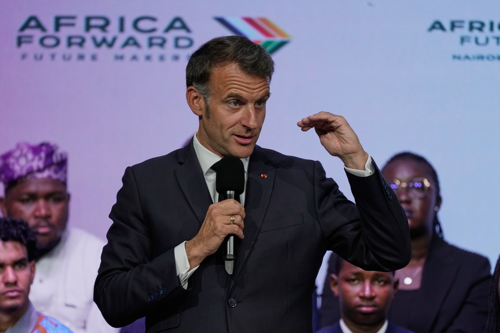 France's President Emmanuel Macron participates in the youth session "Africa Forward, Creation in Motion" during the Africa Forward Summit at the University of Nairobi, Kenya, Monday, May 11, 2026. (AP Photo/Brian Inganga)