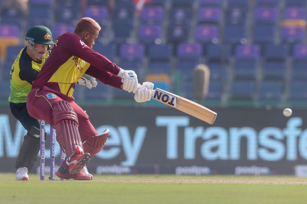 FILE - West Indies' Shimron Hetmyer bates during the Cricket Twenty20 World Cup match between Australia and the West Indies in Abu Dhabi, UAE, Saturday, Nov. 6, 2021. (AP Photo/Kamran Jebreili, File)