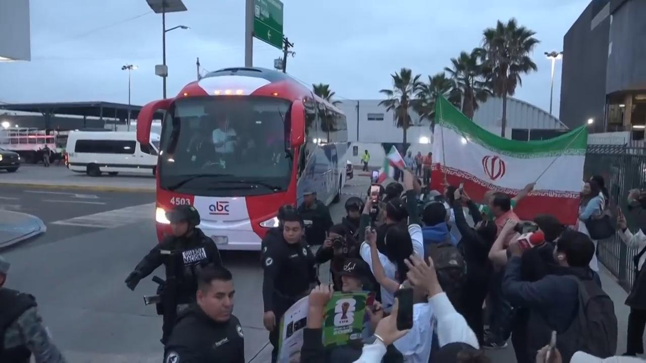 The Iranian football team arrived in Mexico amid high security early on Sunday for its World Cup preparations. Iran's team set off from Turkey for their training base in Tijuana on Saturday, with some members of their entourage reportedly still without U.S. visas, before three group matches in the United States later this month. (AP video shot by: Marko Alvarez)