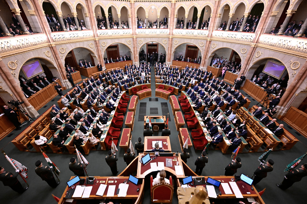 Hungary's new Prime Minister Peter Magyar delivers a speech after the inaugural session in Budapest, Hungary, Saturday, May 9, 2026. (AP Photo/Denes Erdos)
