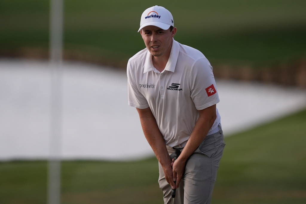 Matt Fitzpatrick of England, reacts to his putt on the 16th green during the final round of The Players Championship golf tournament, Sunday, March 15, 2026, in Ponte Vedra Beach, Fla. (AP Photo/Gerald Herbert)