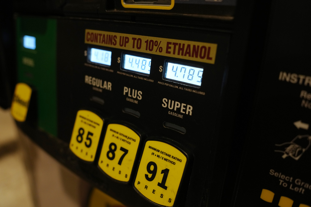 FILE - The per-gallon price is displayed elecronically over the grades of gasoline available at a Buc-ee's convenience stop Thursday, May 7, 2026, in Johnstown, Colo. (AP Photo/David Zalubowski, file)
