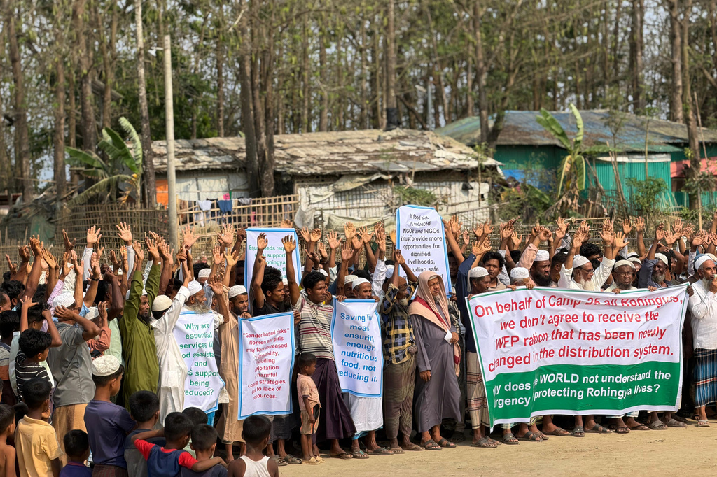 Rohingya refugees struggling to survive in Bangladesh’s overcrowded camps, protest after their food assistance was slashed, in Cox's Bazar, Bangladesh, Wednesday, April 1, 2026. (AP Photo)
