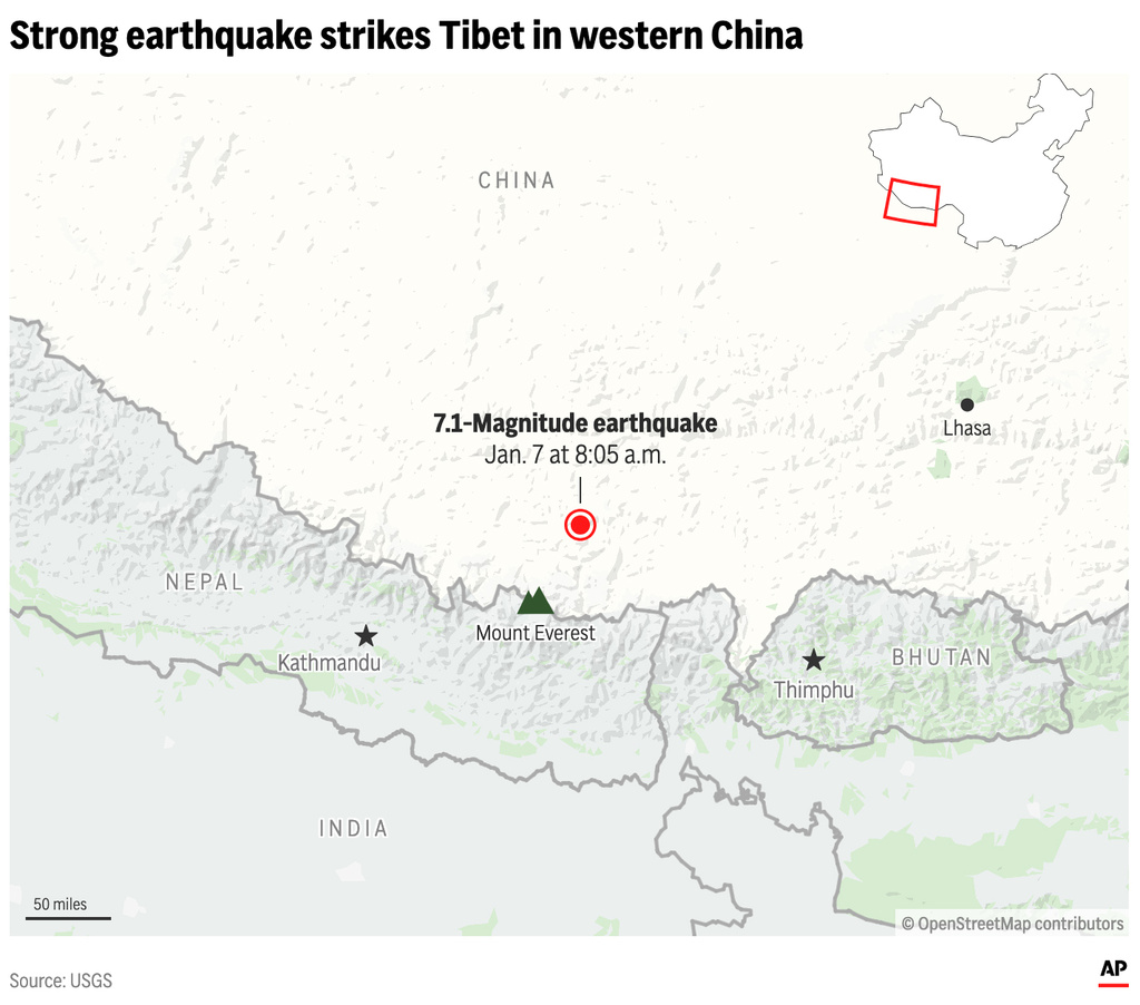 A strong earthquake hit Tibet on Tuesday in the high-altitude region of western China and across the border in Nepal. (AP Digital Embed)