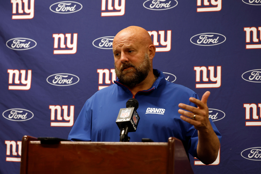 New York Giants head coach Brian Daboll talks with media after a loss to the New Orleans Saints in an NFL football game, Sunday, Oct. 5, 2025, in New Orleans. (AP Photo/Butch Dill)