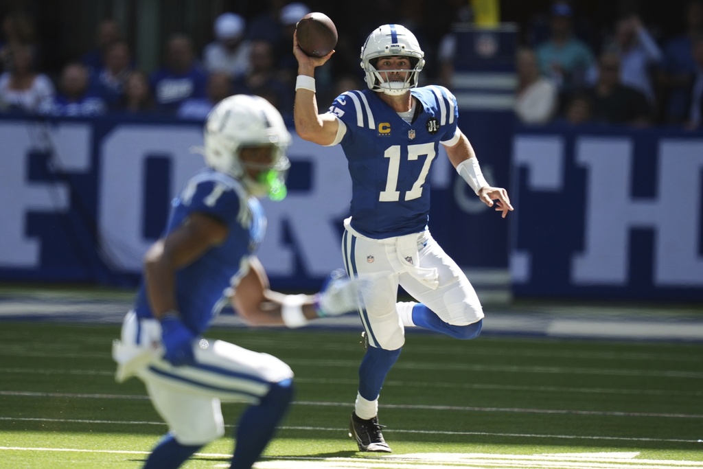 Indianapolis Colts quarterback Daniel Jones throws during the second half of an NFL football game against the Miami Dolphins on Sunday, Sept. 7, 2025, in Indianapolis. (AP Photo/Darron Cummings)
