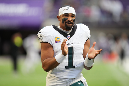 Philadelphia Eagles quarterback Jalen Hurts (1) walks off the field after a win over the Minnesota Vikings in an NFL football game Sunday, Oct. 19, 2025, in Minneapolis. (AP Photo/Abbie Parr) Philadelphia Eagles quarterback Jalen Hurts (1) walks off the field after a win over the Minnesota Vikings in an NFL football game Sunday, Oct. 19, 2025, in Minneapolis. (AP Photo/Abbie Parr)