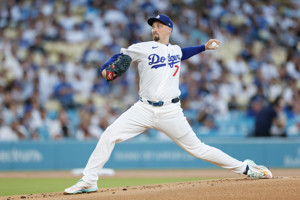 Los Angeles Dodgers starting pitcher Blake Snell (7) throws during the first inning of a baseball game against the Kansas City Royals, Tuesday, Aug. 11, 2026, in Los Angeles. (AP Photo/Caroline Brehman)