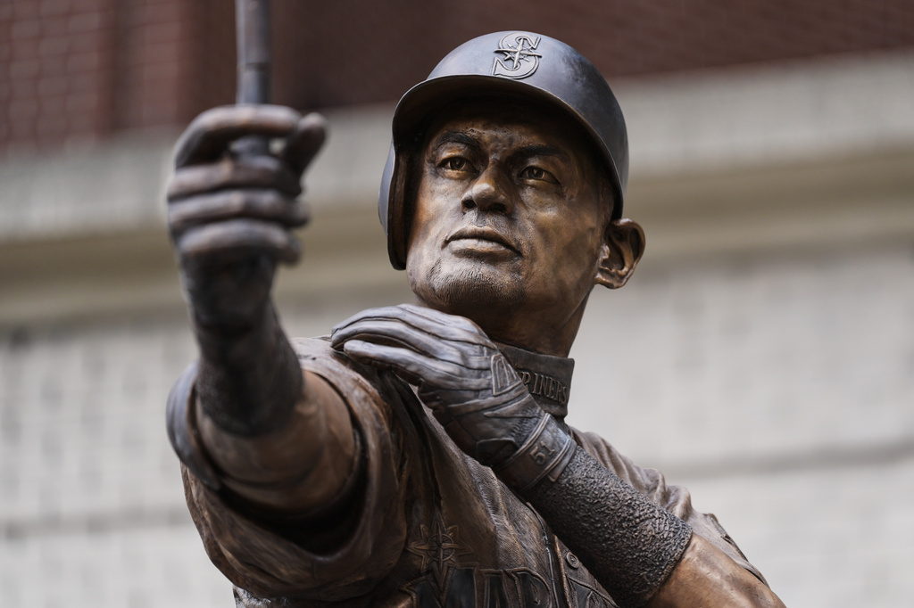 The statue of former Seattle Mariners right fielder Ichiro Suzuki is seen outside of T-Mobile Park, Friday, April 10, 2026, in Seattle. (AP Photo/Lindsey Wasson)