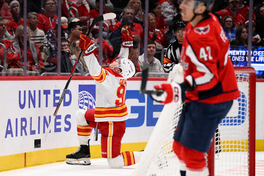 Calgary Flames right wing Matvei Gridin, left, celebrates his goal during the second period of an NHL hockey game against the Washington Capitals, Monday, March 9, 2026, in Washington. (AP Photo/Nick Wass)