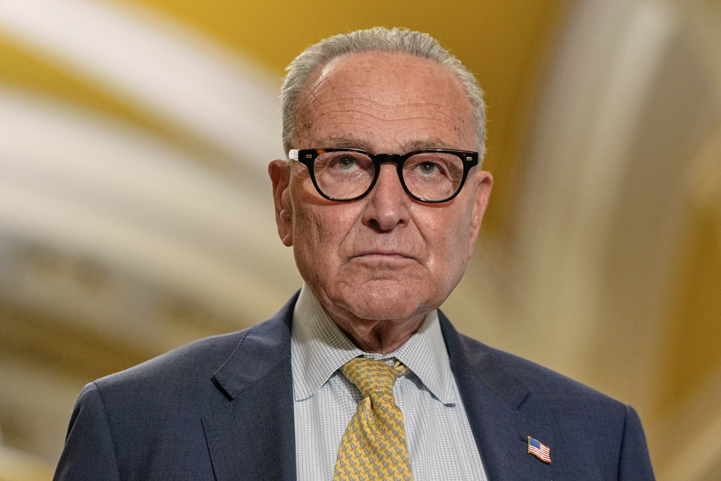 Senate Minority Leader Chuck Schumer of N.Y., listens during a news conference after a policy luncheon at the Capitol, Tuesday, Sept. 9, 2025, in Washington. (AP Photo/Mariam Zuhaib)