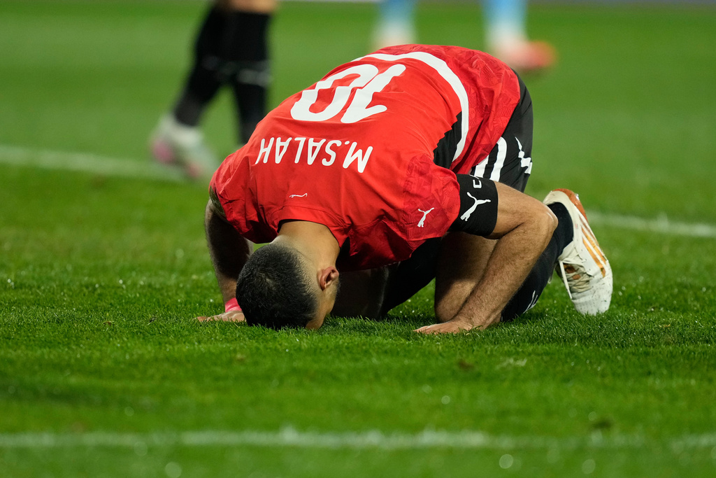 Egypt's Mohamed Salah celebrates after scoring his side's third goal during the Africa Cup of Nations quarterfinal soccer match between Egypt and Ivory Coast, in Agadir, Morocco, Saturday, Jan. 10, 2026. (AP Photo/Mosa'ab Elshamy)