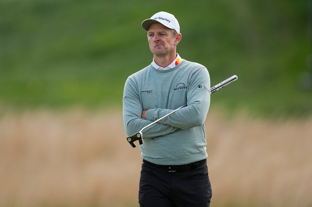 Justin Rose, of England, watches from the 10th green during the second round of the PGA Championship golf tournament at Aronimink Golf Club, Friday, May 15, 2026, in Newtown Square, PA. (AP Photo/Matt Slocum)