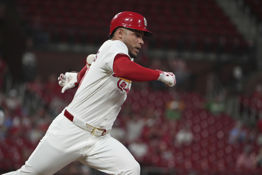 St. Louis Cardinals' Willson Contreras rounds first on a two-run single before being thrown out as second trying to stretch the hit into a double during the third inning of a baseball game against the Athletics Wednesday, Sept. 3, 2025, in St. Louis. (AP Photo/Jeff Roberson)
