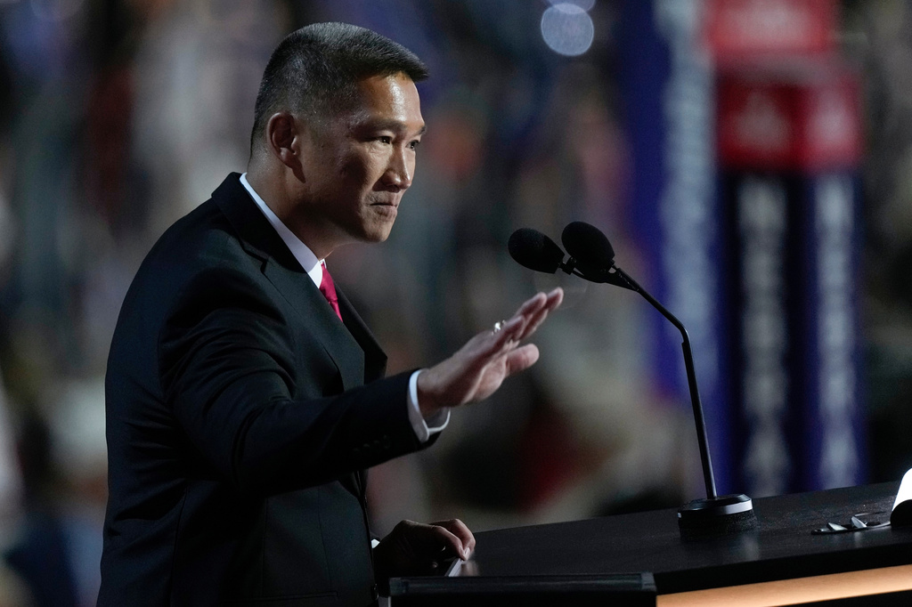 FILE - Hung Cao speaks during the Republican National Convention, July 16, 2024, in Milwaukee. (AP Photo/Matt Rourke, file)