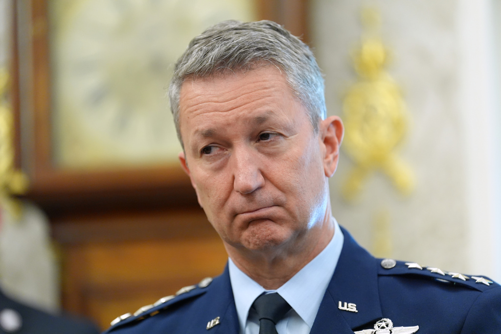 Chairman of the Joint Chiefs of Staff Gen. Dan Caine listens as President Donald Trump and NATO Secretary General Mark Rutte meet in the Oval Office at the White House, Wednesday, June 24, 2026, in Washington. (AP Photo/Jacquelyn Martin)