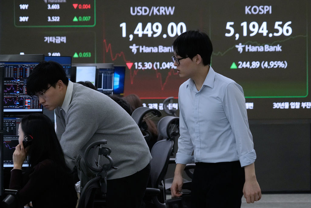 Currency traders watch monitors near a screen showing the Korea Composite Stock Price Index (KOSPI), right, and the foreign exchange rate between U.S. dollar and South Korean won at the foreign exchange dealing room of the Hana Bank headquarters in Seoul, South Korea, Tuesday, Feb. 3, 2026. (AP Photo/Ahn Young-joon)