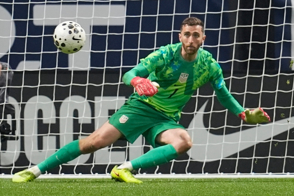 FILE - United States goalkeeper Matt Turner (1) eyes the ball on a shot from Belgium during the second half of an international friendly soccer match, Saturday, March 28, 2026, in Atlanta. (AP Photo/Mike Stewart, File)