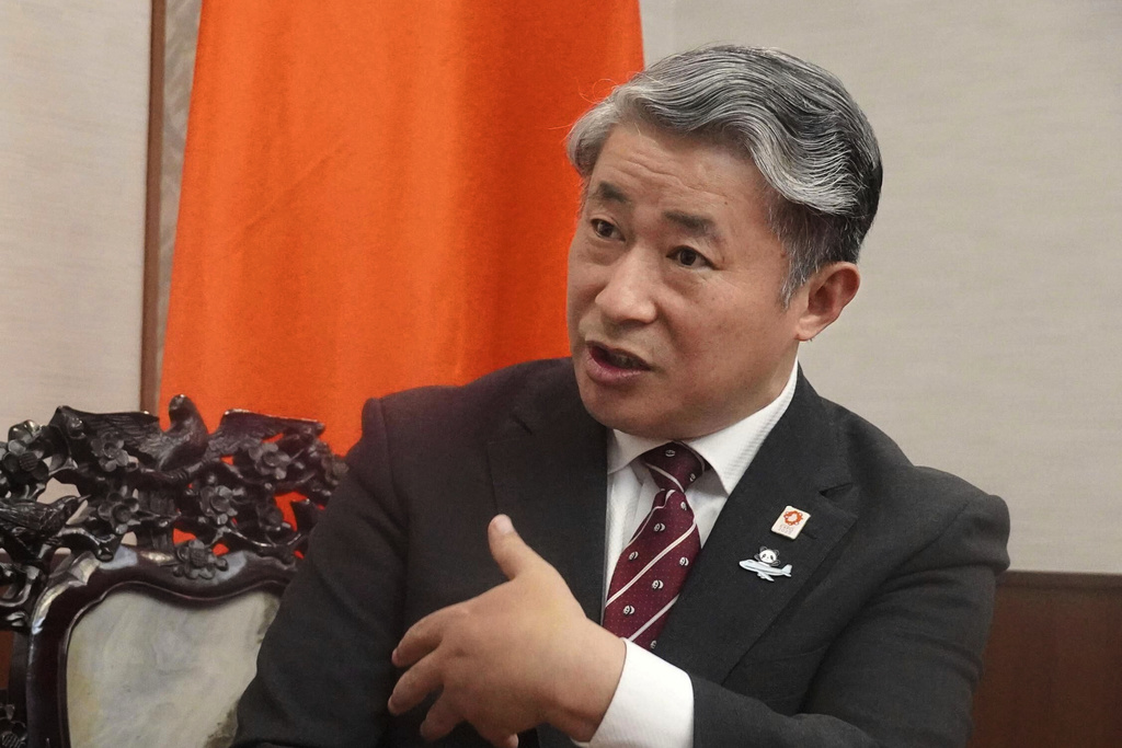 Xue Jian, Chinese consul general in Osaka, is interviewed in Osaka, western Japan on March 11, 2025. (Hiyori Inagaki/Kyodo News via AP)
