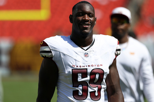 FILE - Washington Commanders linebacker T.J. Maguranyanga (59) looks on after an NFL football game against the Baltimore Ravens, Saturday, Aug. 23, 2025, in Landover. (AP Photo/Daniel Kucin Jr., File) FILE - Washington Commanders linebacker T.J. Maguranyanga (59) looks on after an NFL football game against the Baltimore Ravens, Saturday, Aug. 23, 2025, in Landover. (AP Photo/Daniel Kucin Jr., File)