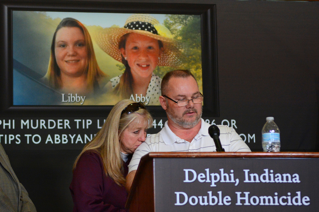 FILE - Becky Patty, left, and Mike Patty, the grandparents of victim Libby German, speak during a news conference for the latest updates on the investigation of the double homicide of Liberty German and Abigail Williams on March 9, 2017, at Carroll County Courthouse in Delphi, Ind. (J. Kyle Keener/The Pharos-Tribune via AP, File)