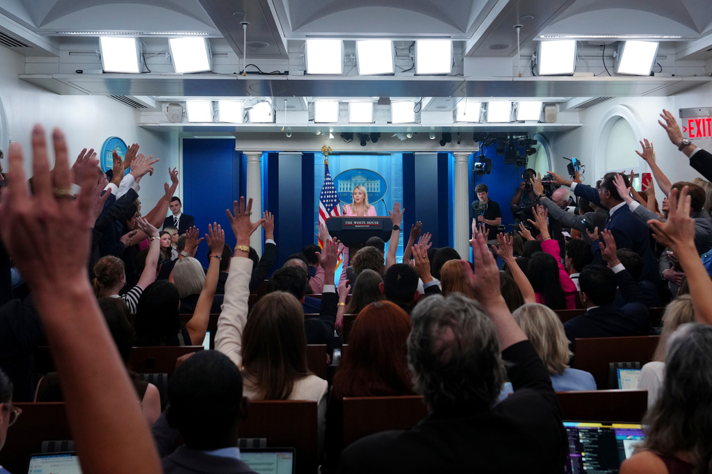 White House press secretary Karoline Leavitt speaks with reporters in the James Brady Press Briefing Room at the White House, Thursday, July 16, 2026, in Washington. (AP Photo/Julia Demaree Nikhinson)
