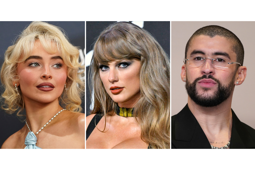 This combination of photos shows Sabrina Carpenter, left, Taylor Swift, center, and Bad Bunny. (AP Photo)