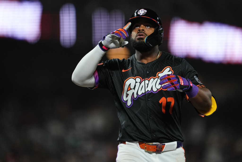 San Francisco Giants' Heliot Ramos celebrates after hitting a solo home run during the sixth inning of a baseball game against the St. Louis Cardinals, Tuesday, Sept. 23, 2025, in San Francisco. (AP Photo/Godofredo A. Vásquez)