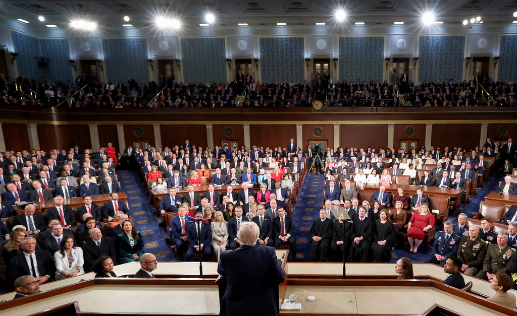 President Donald Trump delivers the State of the Union address to a joint session of Congress in the House chamber at the U.S. Capitol in Washington, Tuesday, Feb. 24, 2026. (Jessica Koscielniak/Pool Photo via AP)